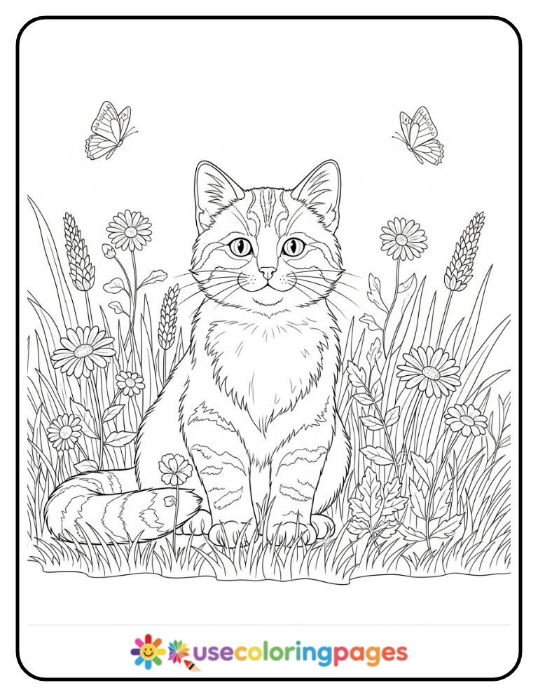 Cat Sitting in Flowering Meadow Coloring Page