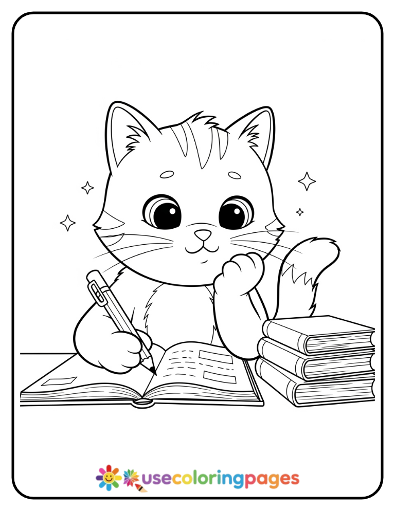 Cat Writing Their Own Story Coloring Page