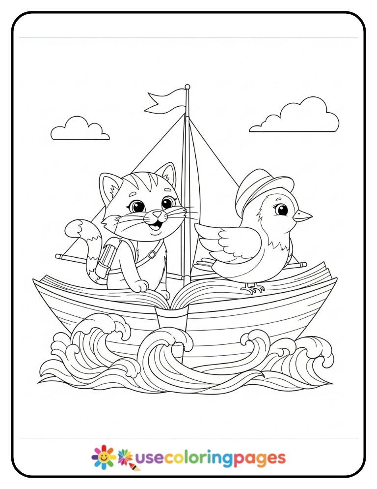 Cat and Bird on a Story Adventure Coloring Page