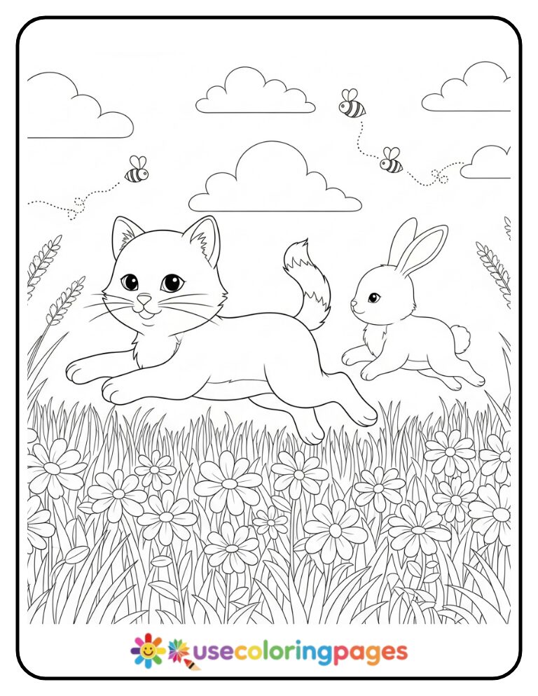 Cat and Bunny Jumping in a Meadow Coloring Page