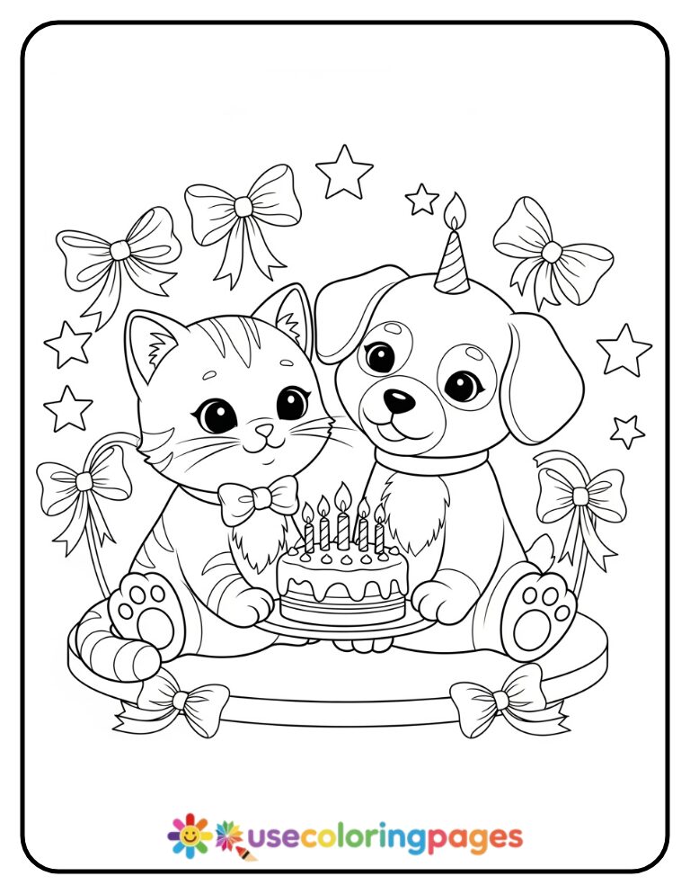 Cat and Dog Sharing Cake Coloring Page