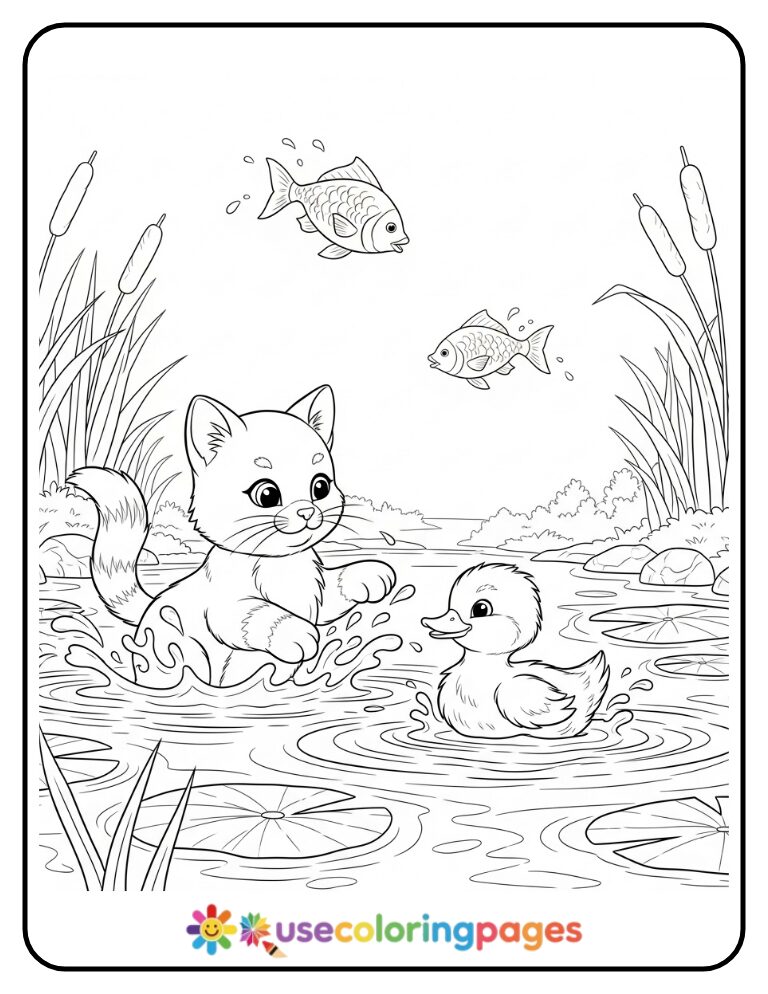 Cat and Duckling Splashing in a Pond Coloring Page