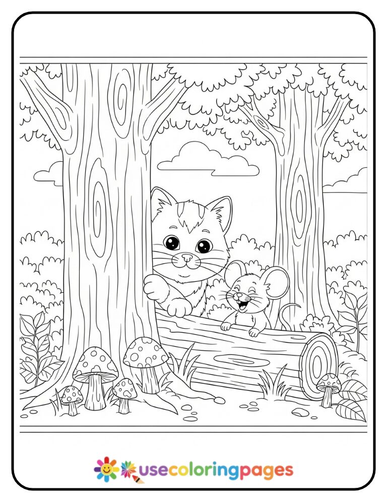 Cat and Mouse Playing Hide and Seek Coloring Page
