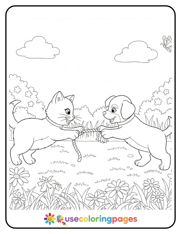 Cat and Puppy Playing Tug of War Coloring Page