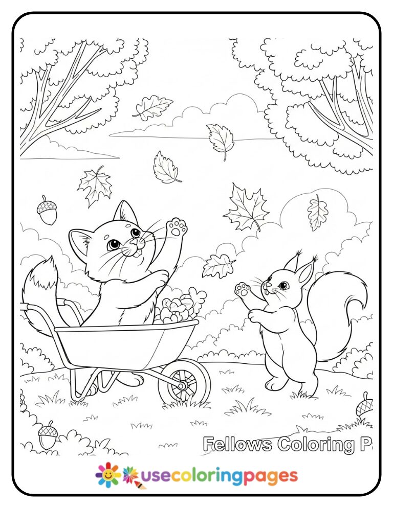 Cat and Squirrel Playing in Leaves Coloring Page
