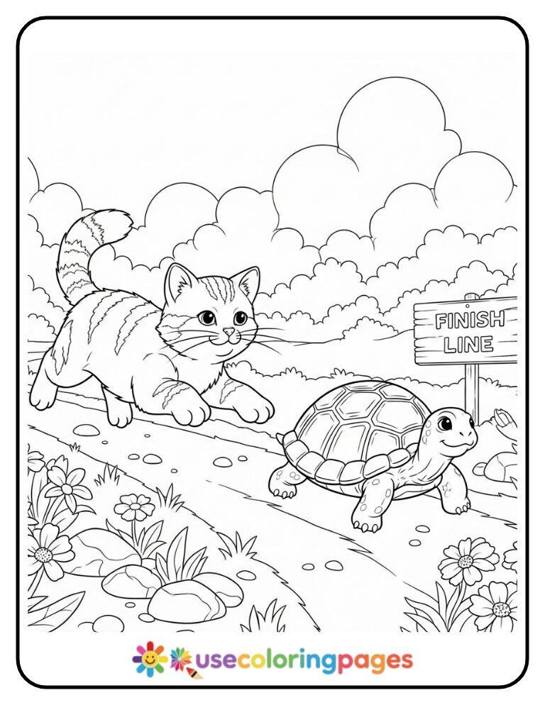 Cat and Turtle Racing on a Path Coloring Page