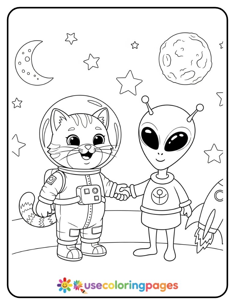 Cat in a Spacesuit Meeting an Alien Coloring Page
