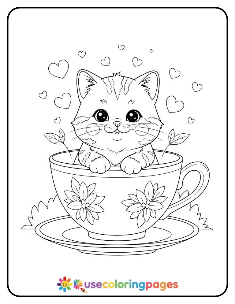 Cat in a Teacup Coloring Page For Toddlers