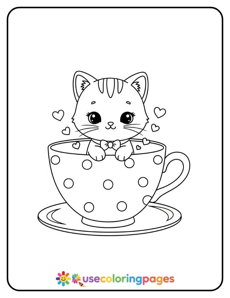Cat in a Teacup Coloring Page