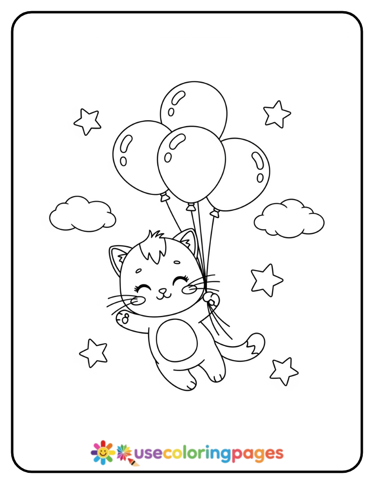 Cat with Balloons Coloring Page For Kids