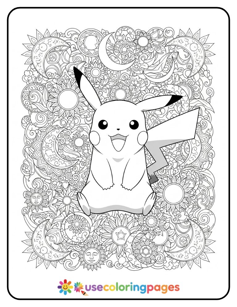 Celestial Pikachu with Moons and Stars Coloring Page for Adults