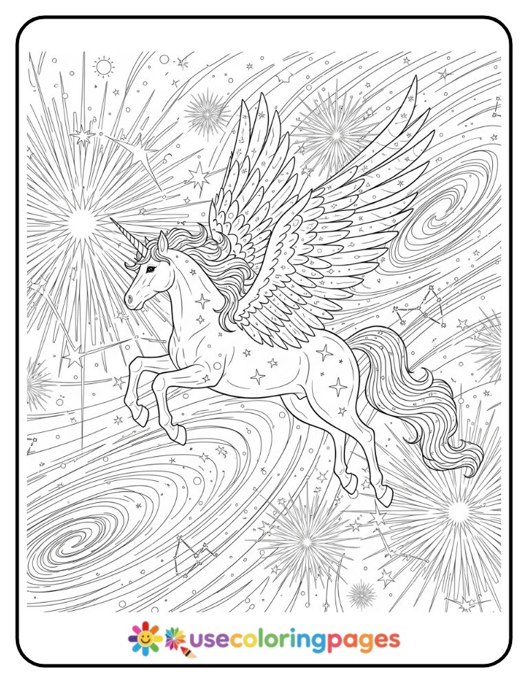 Celestial Unicorn with Mandala Constellations Coloring Page