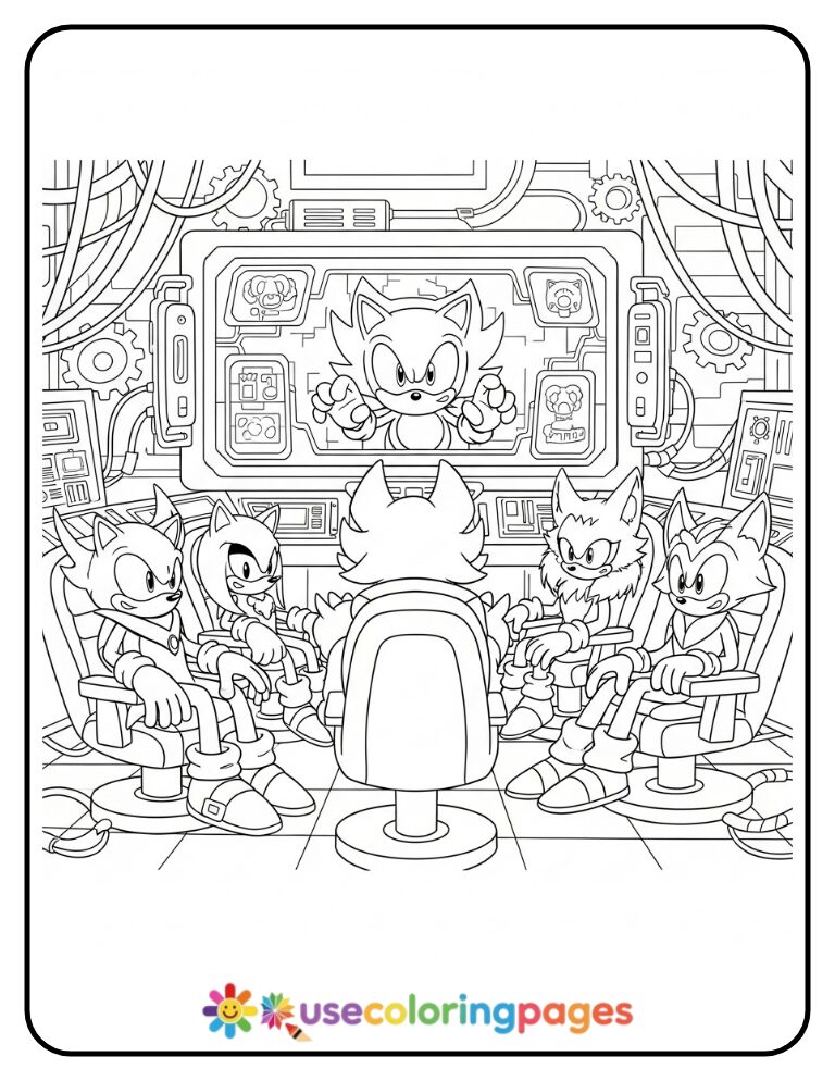 Chaos Council Watching Sonic on Monitor Coloring Page