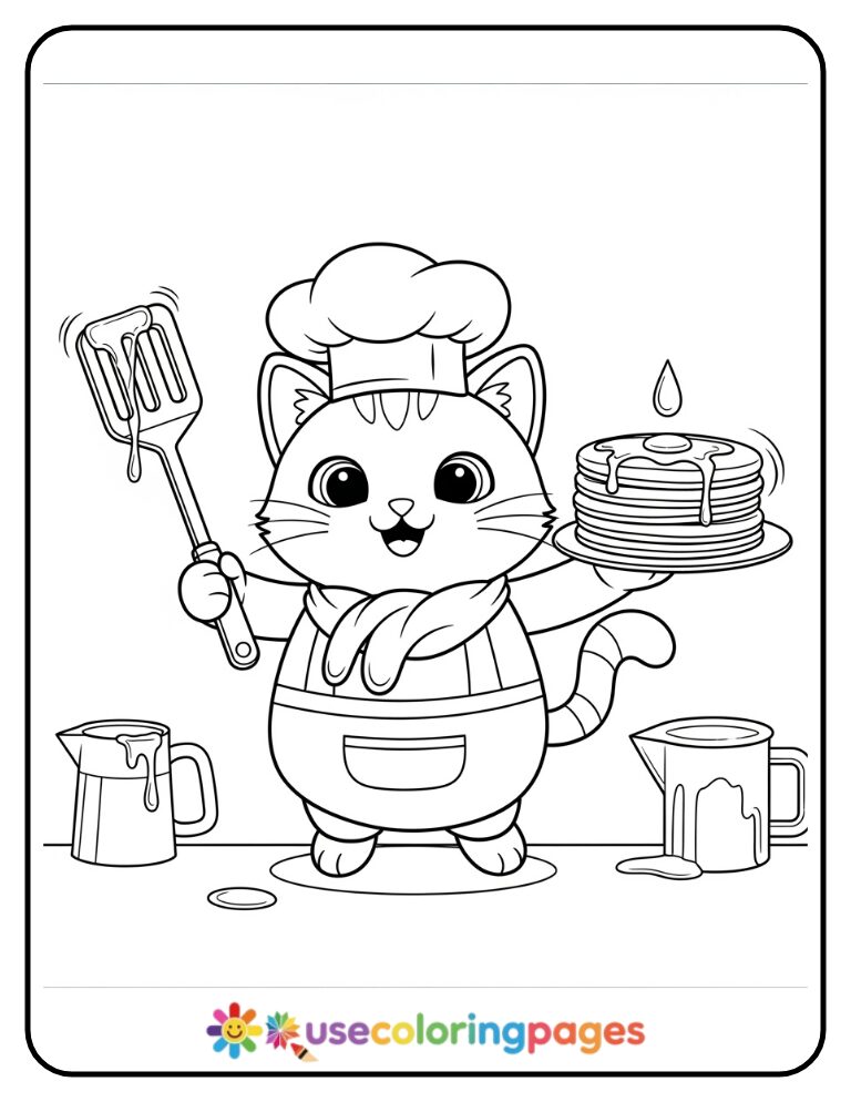 Chef Cat Cooking Pancakes Coloring Page