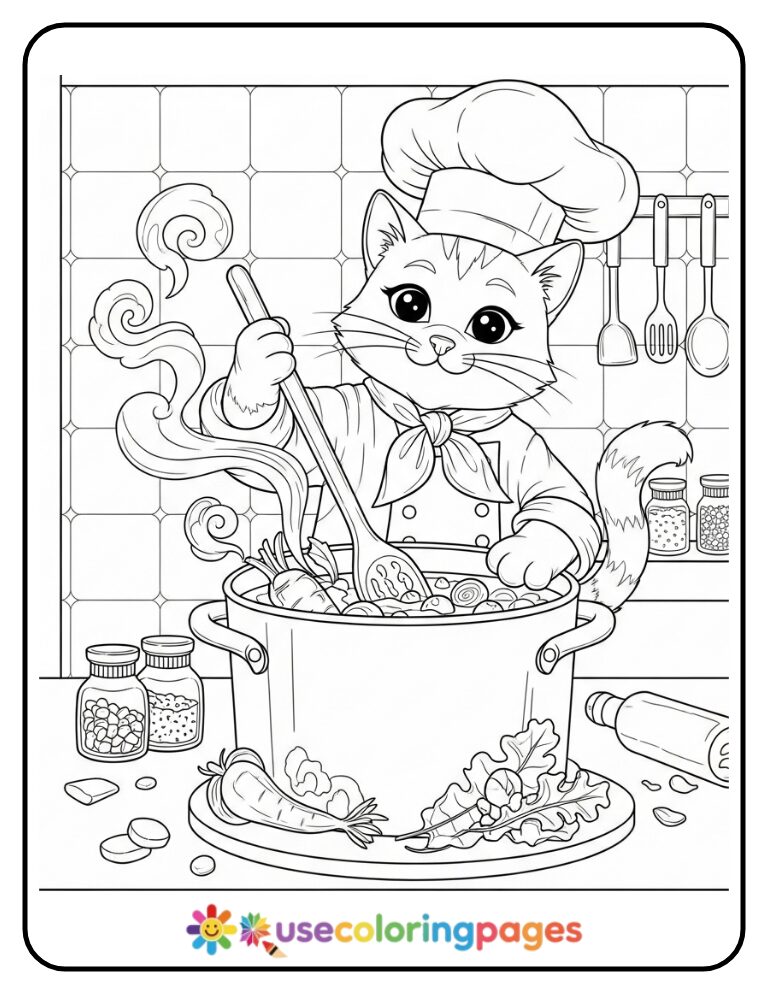 Chef Cat Cooking Soup in a Big Pot Coloring Page