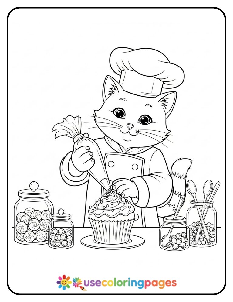 Chef Cat Decorating a Giant Cupcake Coloring Page