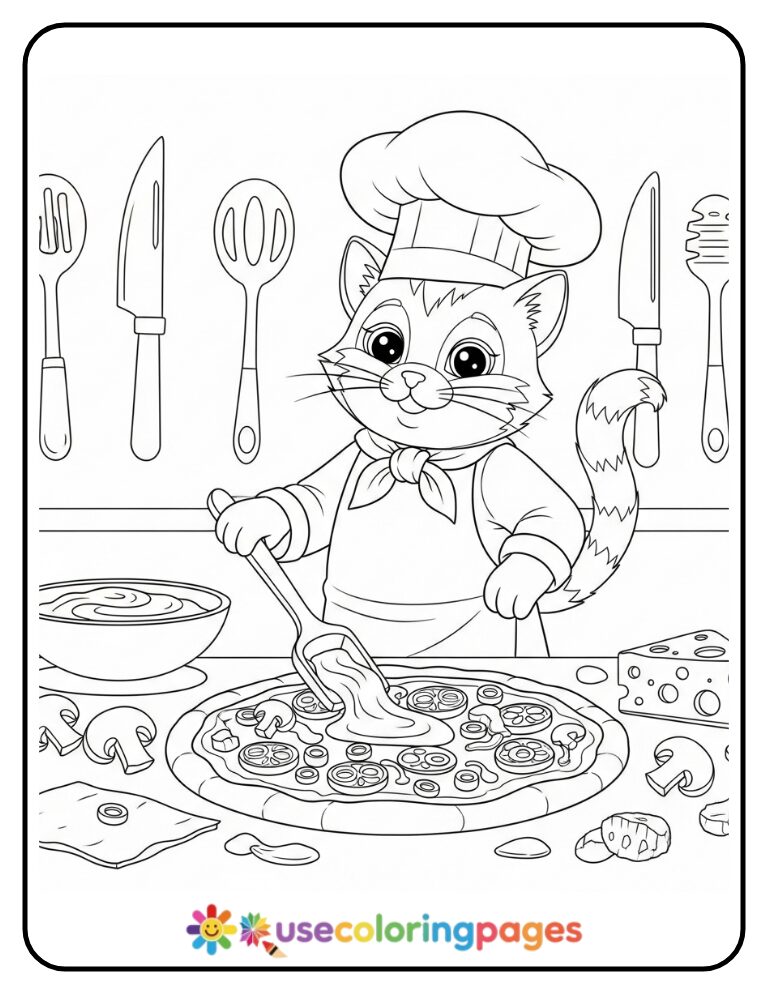 Chef Cat Making Pizza with Toppings Coloring Page