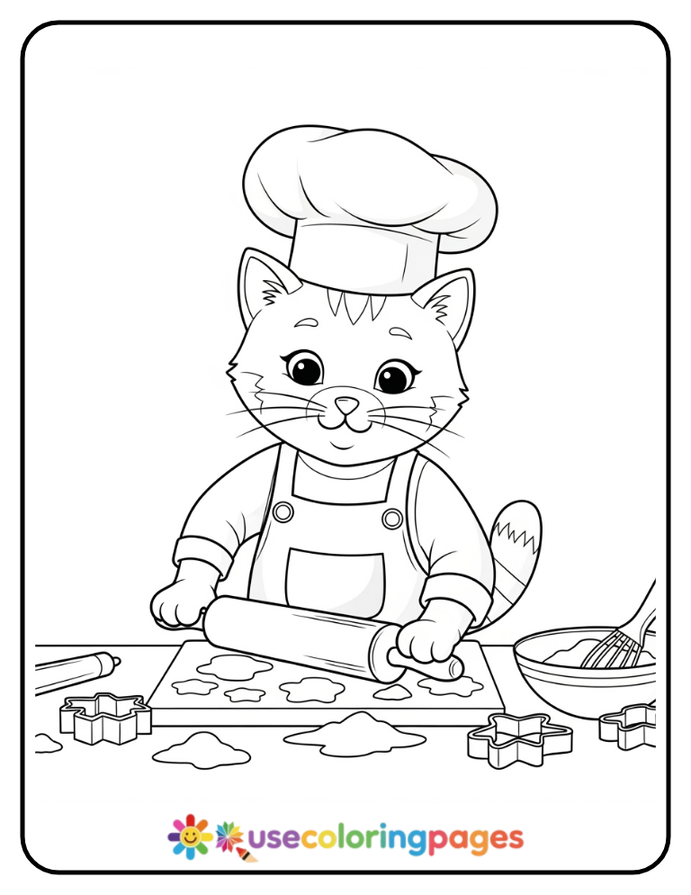 Chef Cat Rolling Out Dough Coloring Page