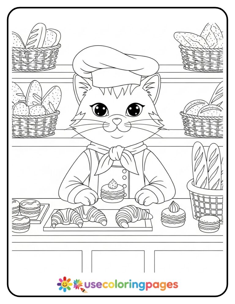 Chef Cat in a French Bakery Coloring Page