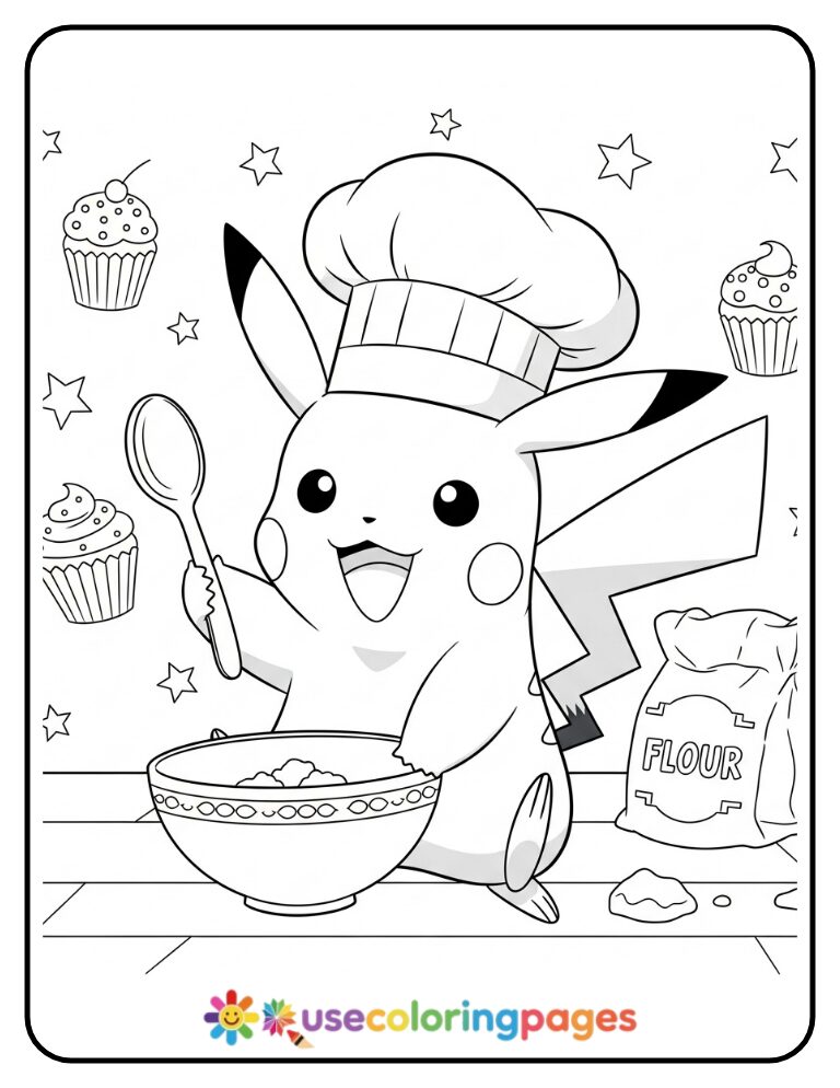 Chef Pikachu Cooking in the Kitchen Coloring Page Printable