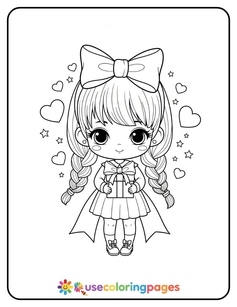 Chibi Girl With Big Birthday Bow Coloring Page