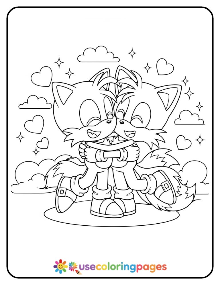 Chibi Sonic and Tails Hugging Coloring Page