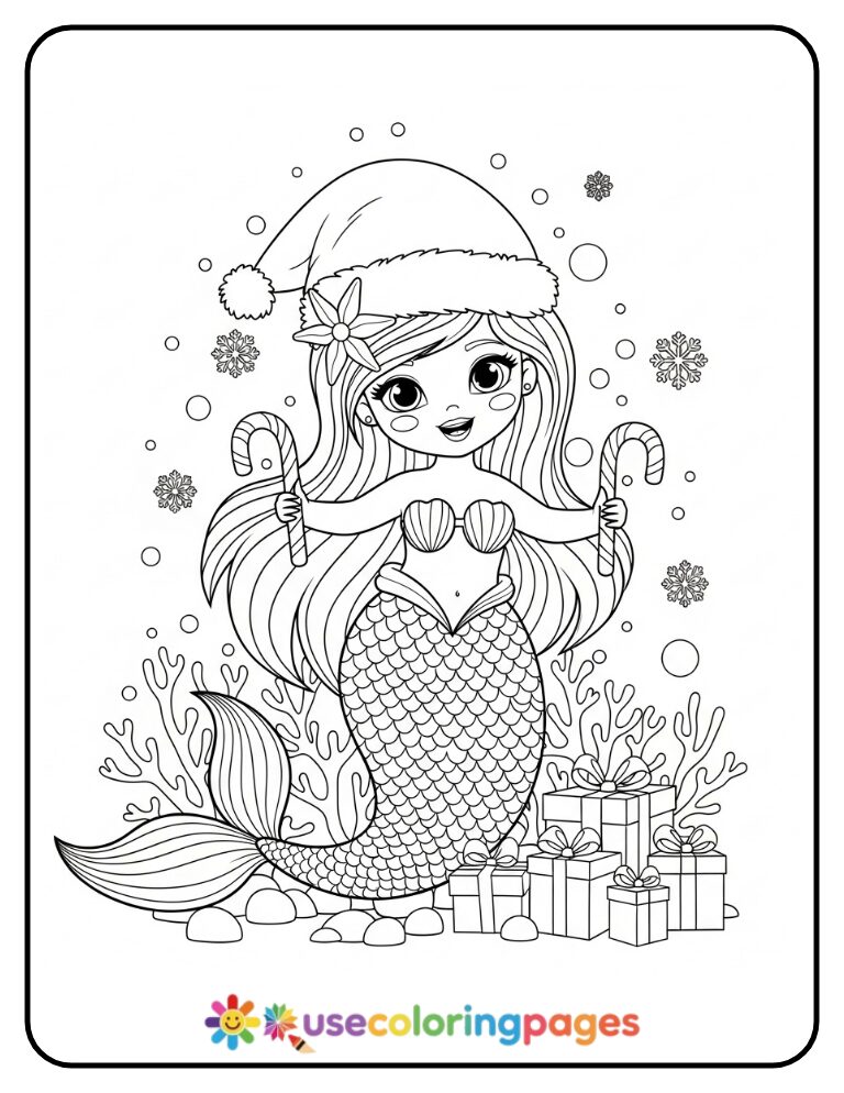 Christmas Mermaid with Candy Canes Coloring Page