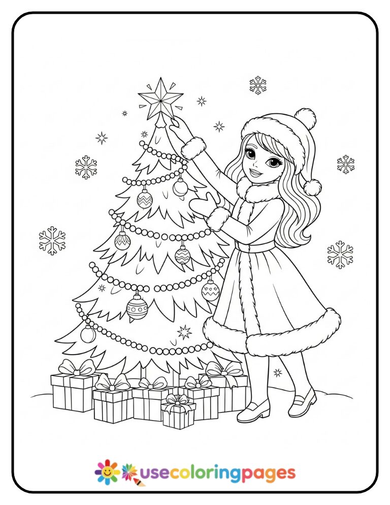 Christmas Princess Decorating a Tree Coloring Page