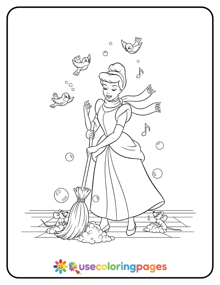 Cinderella Cleaning with a Smile Coloring Page