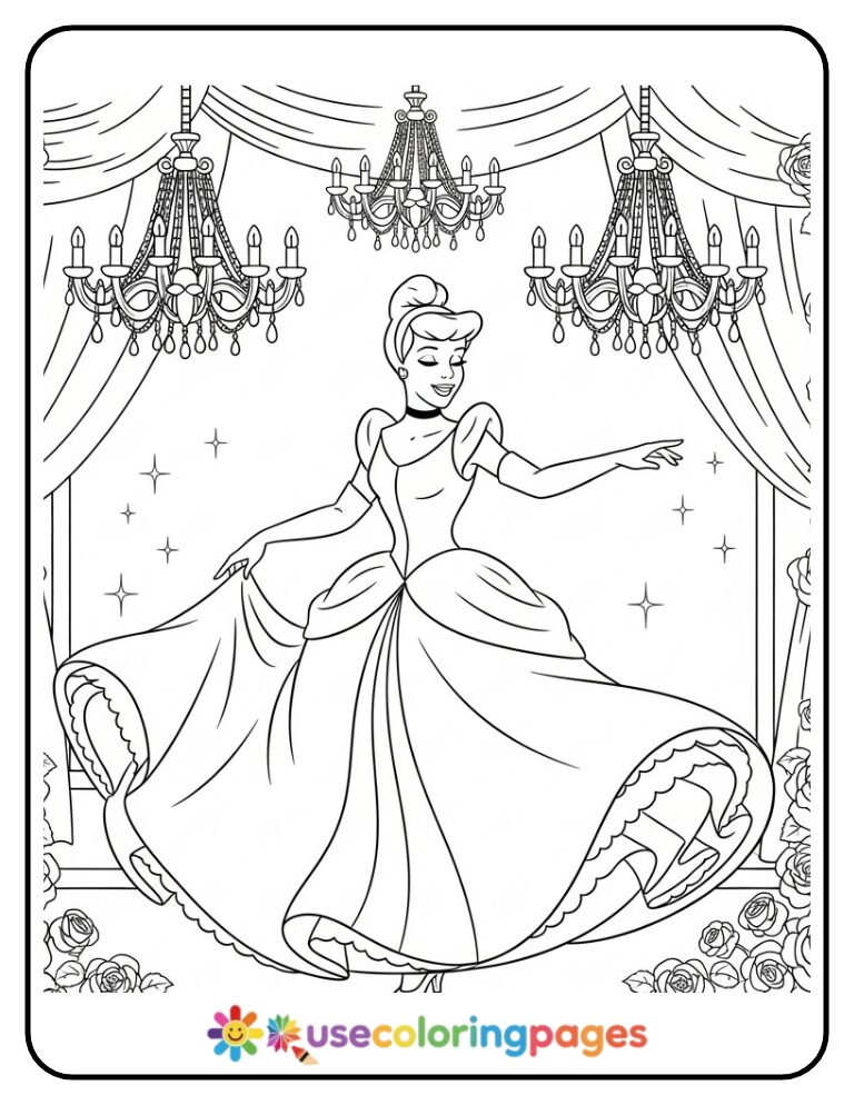 Cinderella Dancing at the Royal Ball Coloring Page