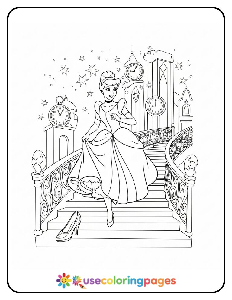 Cinderella Running Down Palace Stairs Coloring Page
