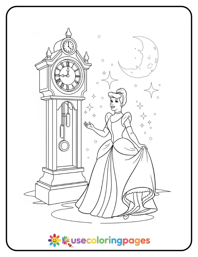 Cinderella Watching the Clock Strike Twelve Coloring Page