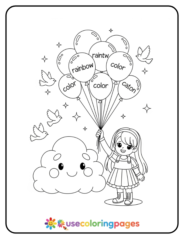 Color Word Balloons Floating From Rainbow Cloud Coloring Page