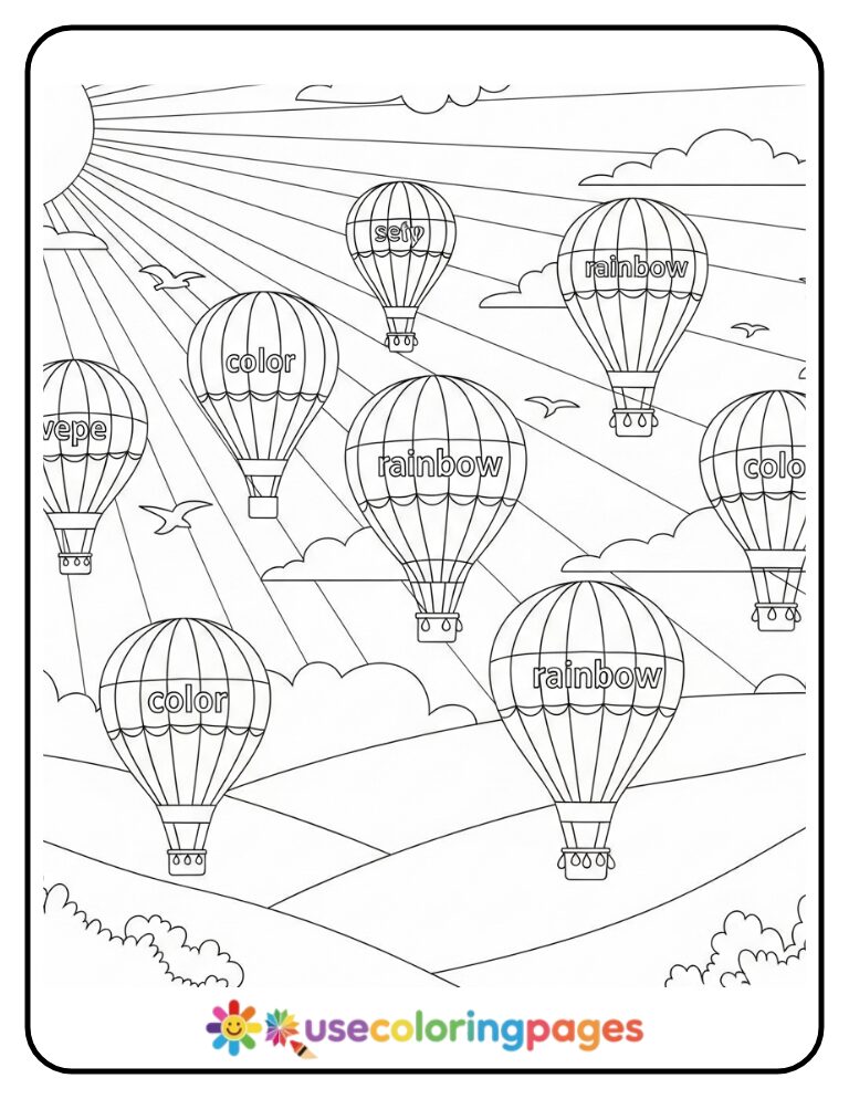 Color Word Hot Air Balloons Over Rainbow Valley Coloring Page