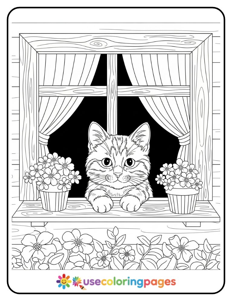 Curious Cat Peeking from Window Ledge Coloring Page