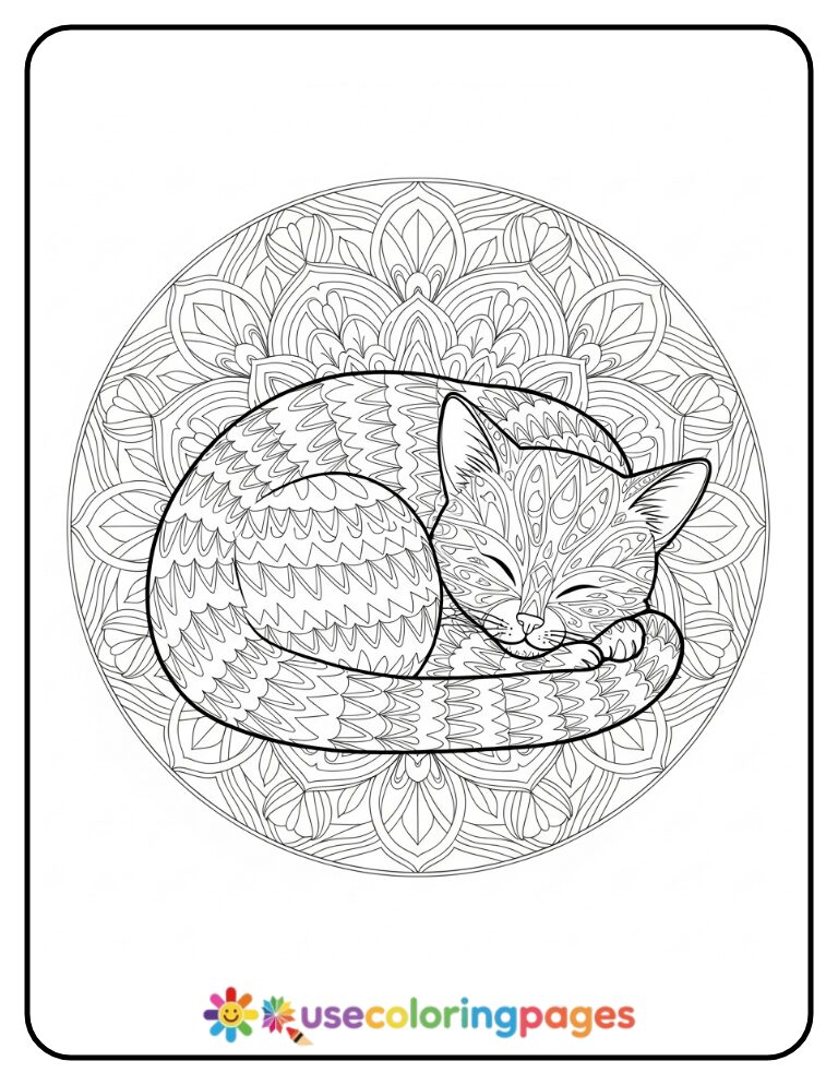 Curled Sleeping Cat with Mandala Frame Coloring Page
