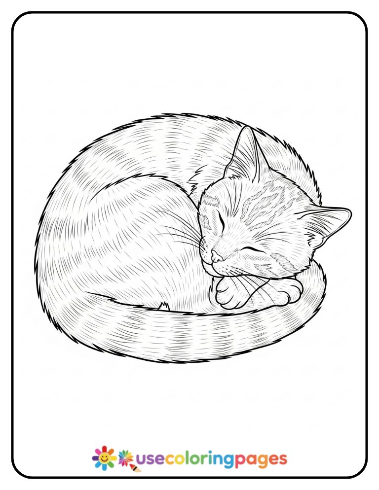 Curled-Up Sleeping Cat Coloring Page
