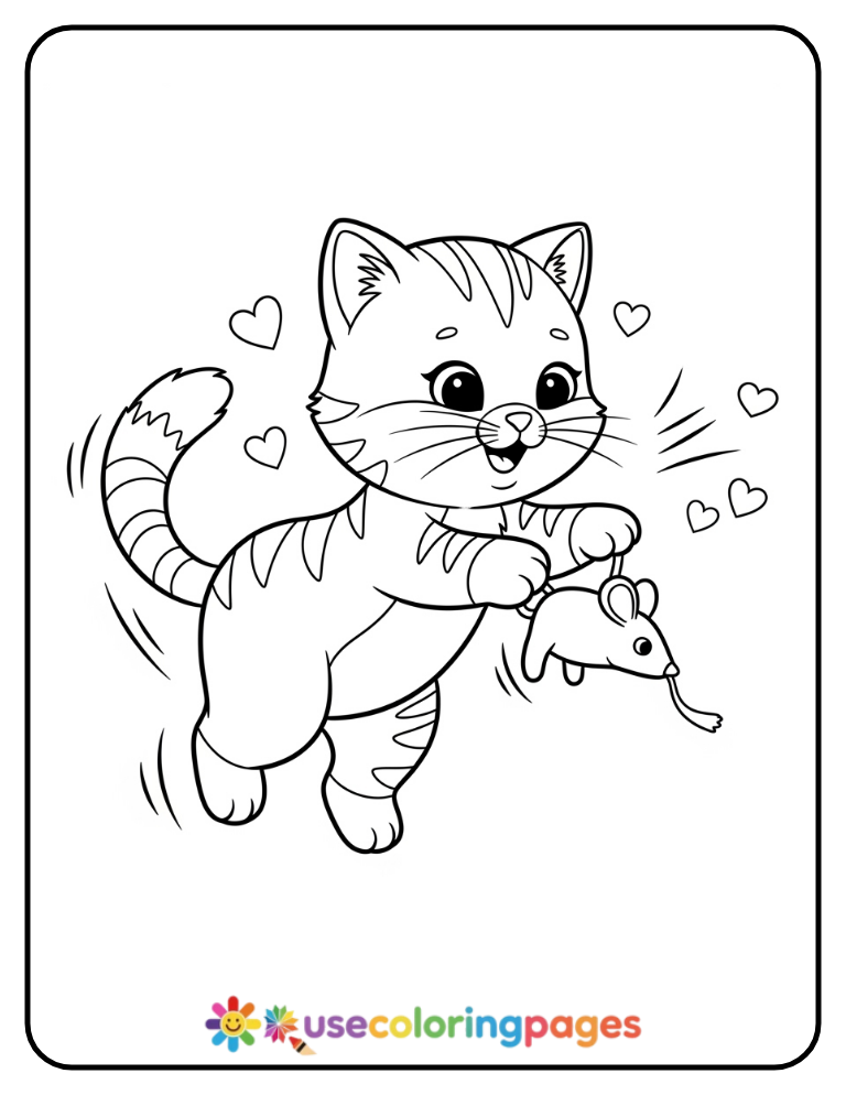 Cute Cat Playing with Toy Mouse Coloring Page