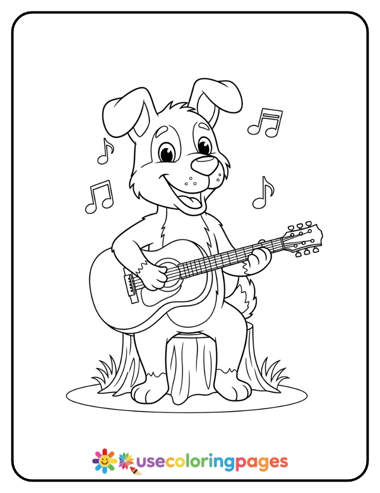 Cute Dog Playing Guitar Coloring Page