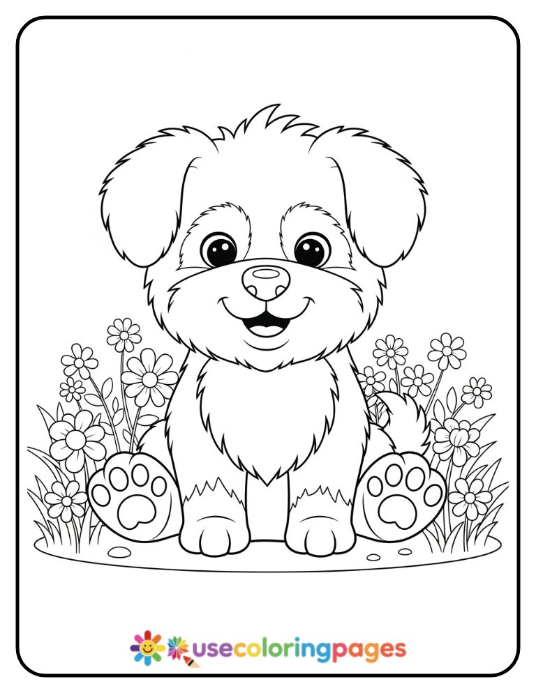 Cute Dog in a Flower Field Coloring Page