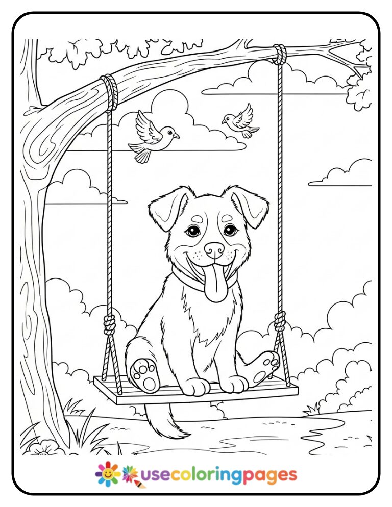 Cute Dog on Swing Coloring Page