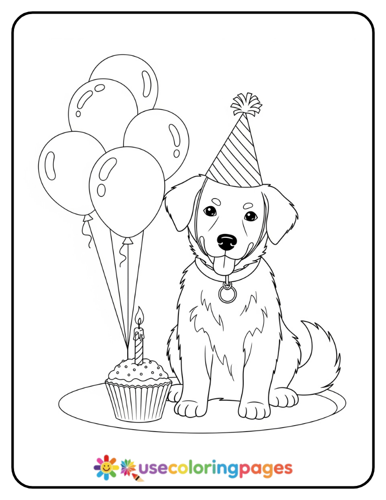 Cute Dog with Party Hat Coloring Page