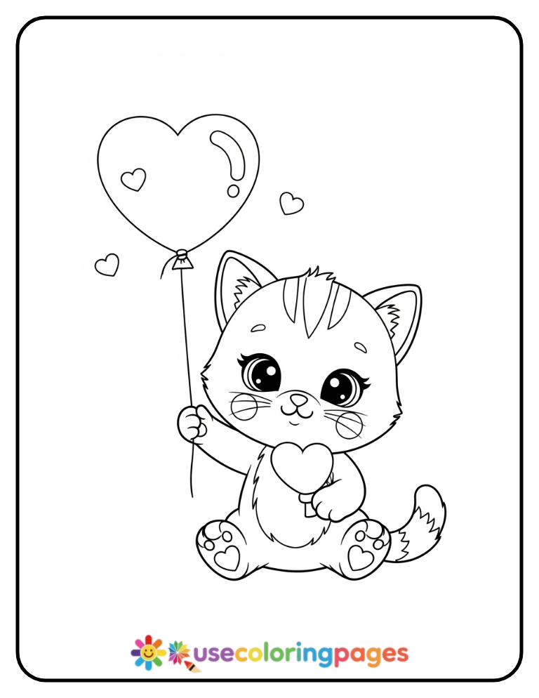Cute Kitten Holding a Heart Balloon Coloring Page