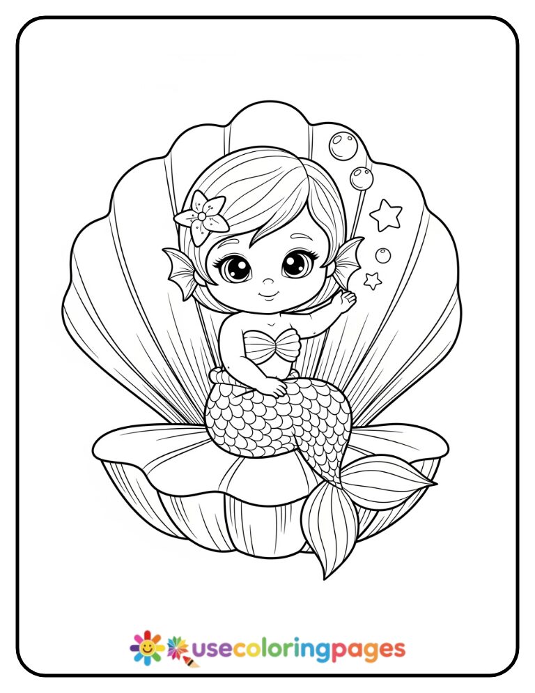 Cute Mermaid Sitting on Shell Coloring Page