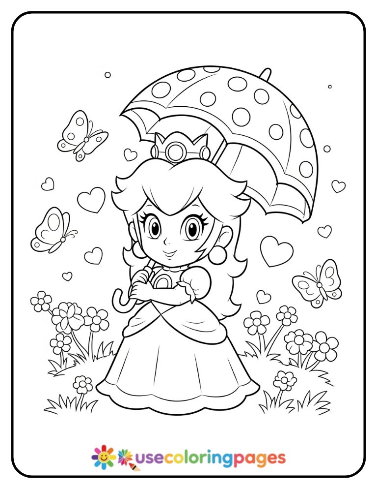 Cute Princess Peach Holding a Parasol Coloring Page For Kids