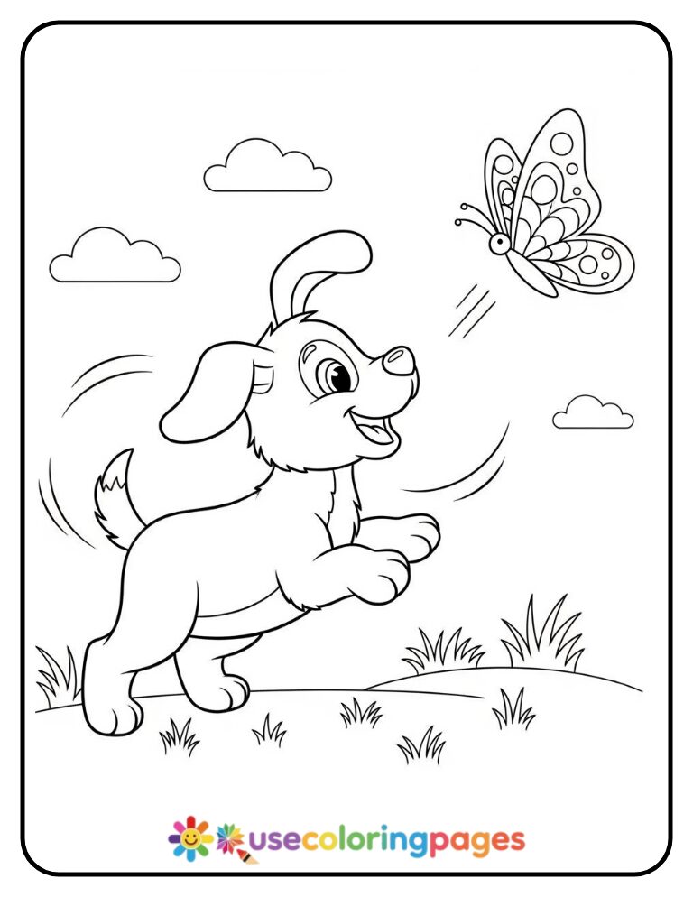 Cute Puppy Chasing Rainbow Butterfly Coloring Page Printable