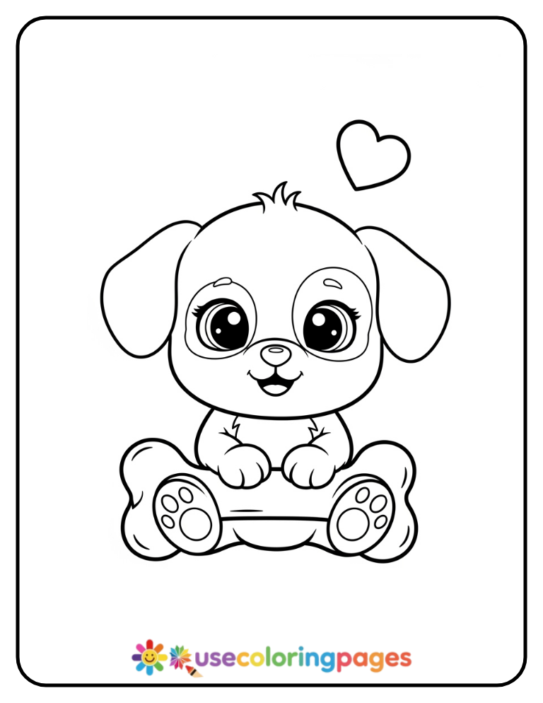 Cute Puppy Sitting with Bone Coloring Page