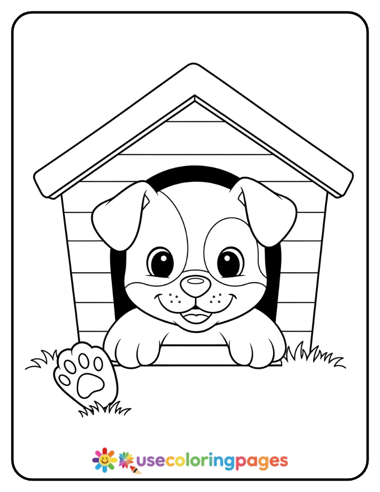 Cute Puppy in a Doghouse Coloring Page for Kids
