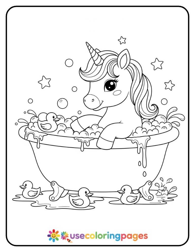 Cute Unicorn in a Bubble Bath Coloring Page for Kids