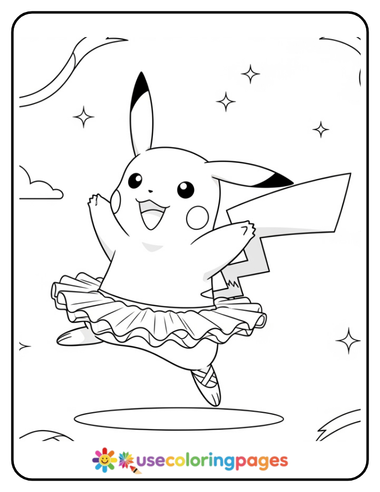 Dancer Pikachu in a Tutu Coloring Page Printable